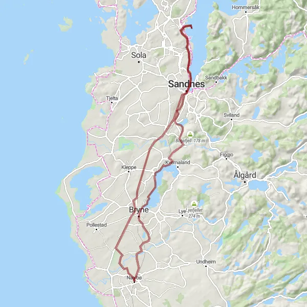 Map miniature of "Scenic Gravel Ride from  Klepp stasjon to Tinghaug" cycling inspiration in Vestlandet, Norway. Generated by Tarmacs.app cycling route planner