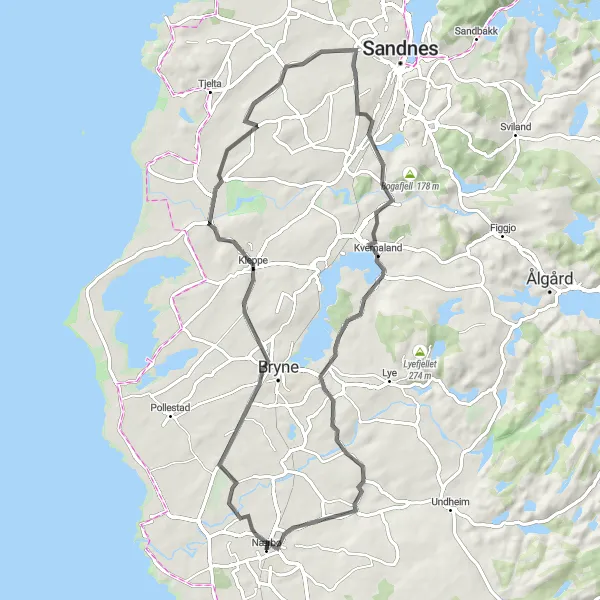 Map miniature of "Kleppe to Nærbø Loop" cycling inspiration in Vestlandet, Norway. Generated by Tarmacs.app cycling route planner