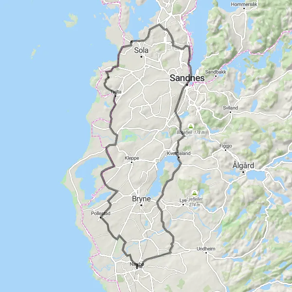 Kartminiatyr av "Utforskende runde gjennom Kvernaland" sykkelinspirasjon i Vestlandet, Norway. Generert av Tarmacs.app sykkelrutoplanlegger