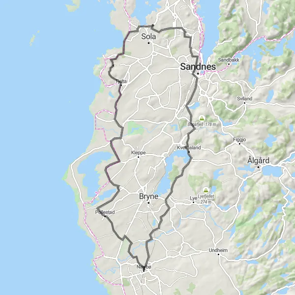 Map miniature of "Pollestad to Nærbø Loop" cycling inspiration in Vestlandet, Norway. Generated by Tarmacs.app cycling route planner