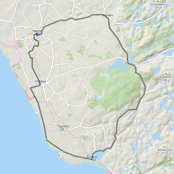 Map miniature of "Picturesque Countryside and Serene Beaches" cycling inspiration in Vestlandet, Norway. Generated by Tarmacs.app cycling route planner