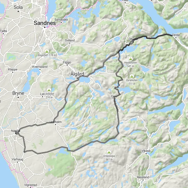 Map miniature of "Undheim to Nærbø Loop" cycling inspiration in Vestlandet, Norway. Generated by Tarmacs.app cycling route planner