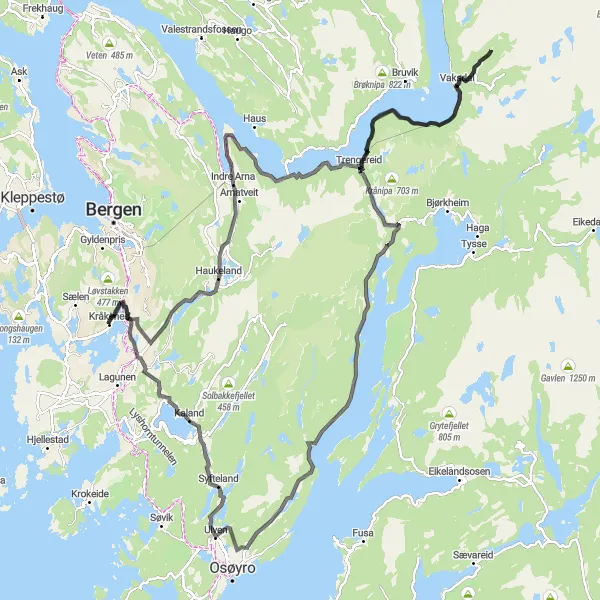 Kartminiatyr av "Nesttun til Nesttun via Brattlandsfjellet og Verdens ende" sykkelinspirasjon i Vestlandet, Norway. Generert av Tarmacs.app sykkelrutoplanlegger