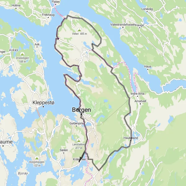 Kartminiatyr av "Bergen til Verdens ende sykkelrute" sykkelinspirasjon i Vestlandet, Norway. Generert av Tarmacs.app sykkelrutoplanlegger
