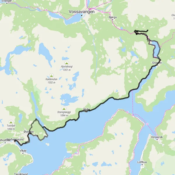 Map miniature of "Waterfalls and Mountain Vistas: Granvin" cycling inspiration in Vestlandet, Norway. Generated by Tarmacs.app cycling route planner