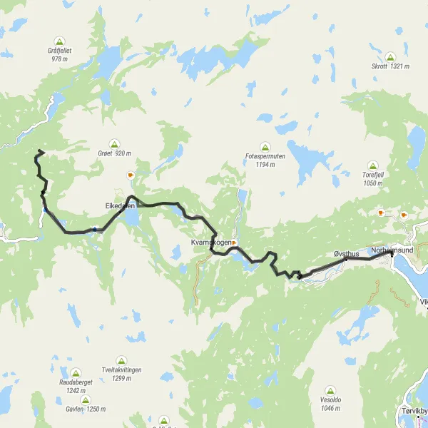 Map miniature of "Norwegian Nature Feast: Waterfalls, Forests, and Mountain Vistas" cycling inspiration in Vestlandet, Norway. Generated by Tarmacs.app cycling route planner