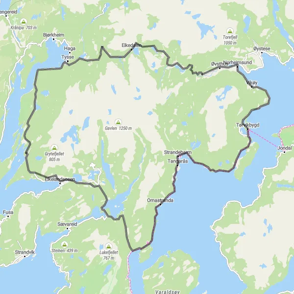 Kartminiatyr av "Utfordrende Rundtur fra Norheimsund" sykkelinspirasjon i Vestlandet, Norway. Generert av Tarmacs.app sykkelrutoplanlegger