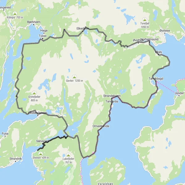 Kartminiatyr av "Vakker Kulturlandskapsrute" sykkelinspirasjon i Vestlandet, Norway. Generert av Tarmacs.app sykkelrutoplanlegger