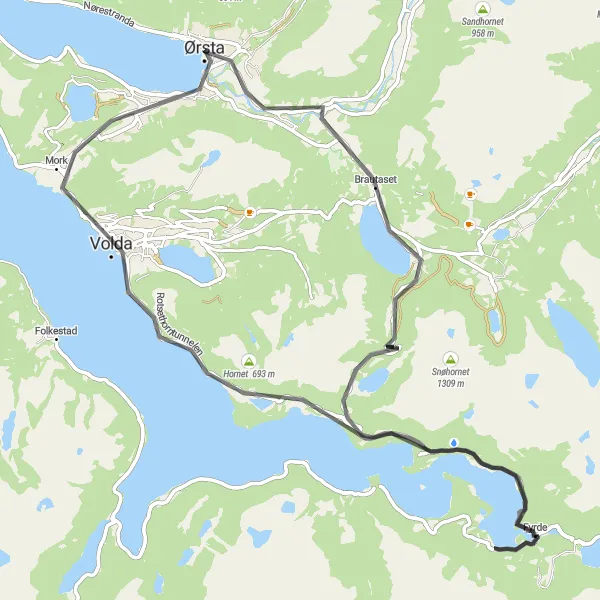 Kartminiatyr av "Ørsta - Hjartåbygda - Hornet - Volda - Ørsta" sykkelinspirasjon i Vestlandet, Norway. Generert av Tarmacs.app sykkelrutoplanlegger