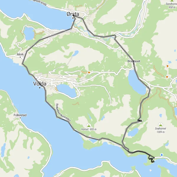 Map miniature of "The Fjord and Mountain Loop" cycling inspiration in Vestlandet, Norway. Generated by Tarmacs.app cycling route planner