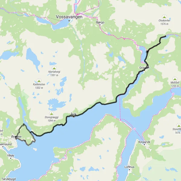 Map miniature of "Øystese - Steinstø - Granvin - Nedre Vassenden - Kvanndal - Ytre Ålvik" cycling inspiration in Vestlandet, Norway. Generated by Tarmacs.app cycling route planner