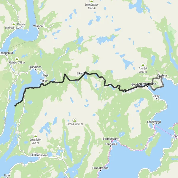 Kartminiatyr av "Sykkeltur til Kvamskogen og Tysse" sykkelinspirasjon i Vestlandet, Norway. Generert av Tarmacs.app sykkelrutoplanlegger