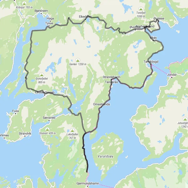 Map miniature of "Øystese - Vikøy - Strandebarm - Holdhus - Tysse - Børdalsfjellet - Steinsdalsfossen" cycling inspiration in Vestlandet, Norway. Generated by Tarmacs.app cycling route planner