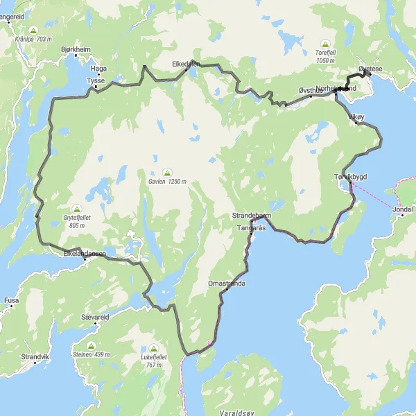 Map miniature of "Øystese - Vikøy - Strandebarm - Holdhus - Tysse - Børdalsfjellet - Steinsdalsfossen" cycling inspiration in Vestlandet, Norway. Generated by Tarmacs.app cycling route planner