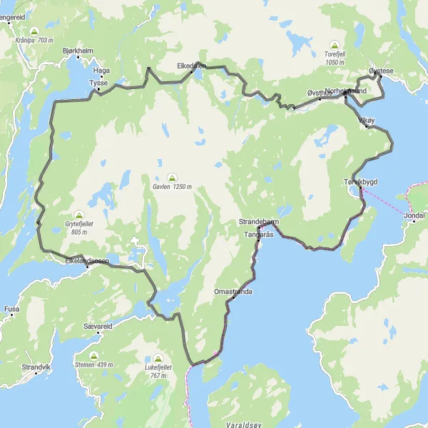 Map miniature of "Fjordventure" cycling inspiration in Vestlandet, Norway. Generated by Tarmacs.app cycling route planner