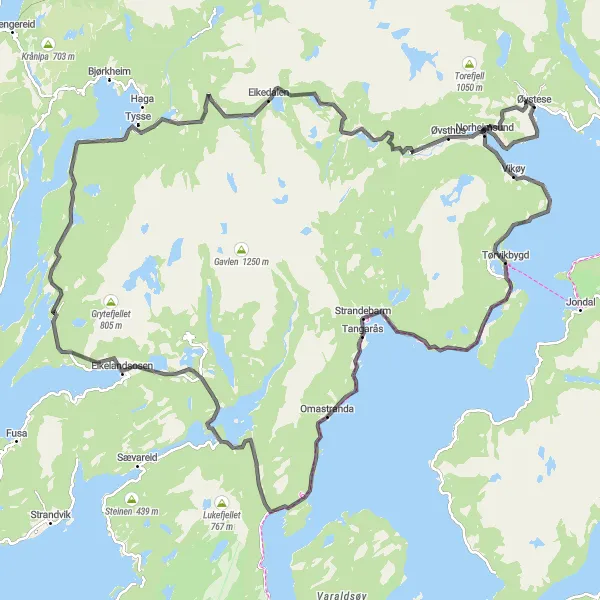 Map miniature of "Øystese - Tysse - Børdalsfjellet - Steinsdalsfossen - Vikøy - Strandebarm - Holdhus" cycling inspiration in Vestlandet, Norway. Generated by Tarmacs.app cycling route planner