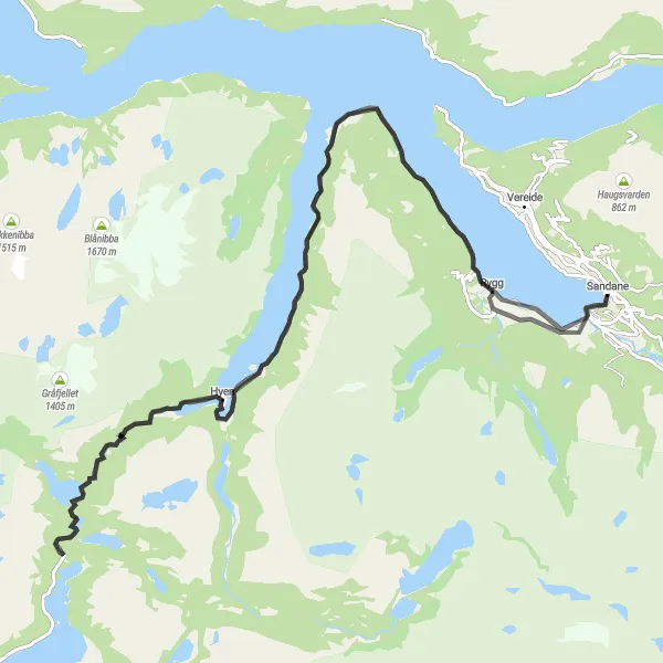 Map miniature of "Hidden Gems of Sandane" cycling inspiration in Vestlandet, Norway. Generated by Tarmacs.app cycling route planner