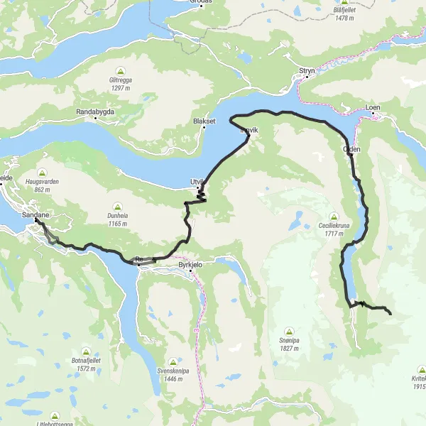 Map miniature of "Unravel the Beauty of Olden Valley" cycling inspiration in Vestlandet, Norway. Generated by Tarmacs.app cycling route planner