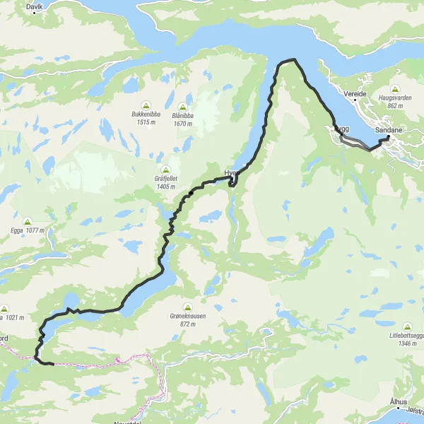 Kartminiatyr av "Sandane til Hyen sykkelrute" sykkelinspirasjon i Vestlandet, Norway. Generert av Tarmacs.app sykkelrutoplanlegger