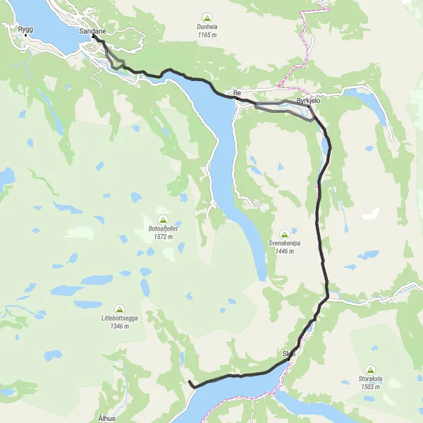 Map miniature of "Byrkjelo Extremity" cycling inspiration in Vestlandet, Norway. Generated by Tarmacs.app cycling route planner