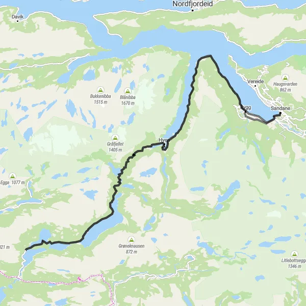 Map miniature of "Coastal Exploration from Sandane to Gimmestad" cycling inspiration in Vestlandet, Norway. Generated by Tarmacs.app cycling route planner