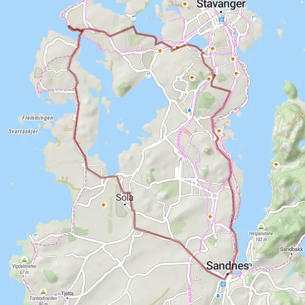 Kartminiatyr av "Grusvei fra Sandnes til Trones" sykkelinspirasjon i Vestlandet, Norway. Generert av Tarmacs.app sykkelrutoplanlegger