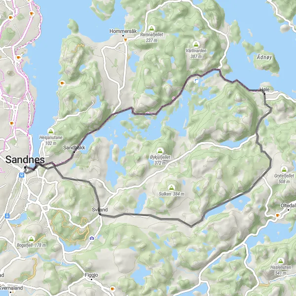 Kartminiatyr av "Sandnes - Klogaberget - Høle - Askenuten - Hana - Sandnes" sykkelinspirasjon i Vestlandet, Norway. Generert av Tarmacs.app sykkelrutoplanlegger