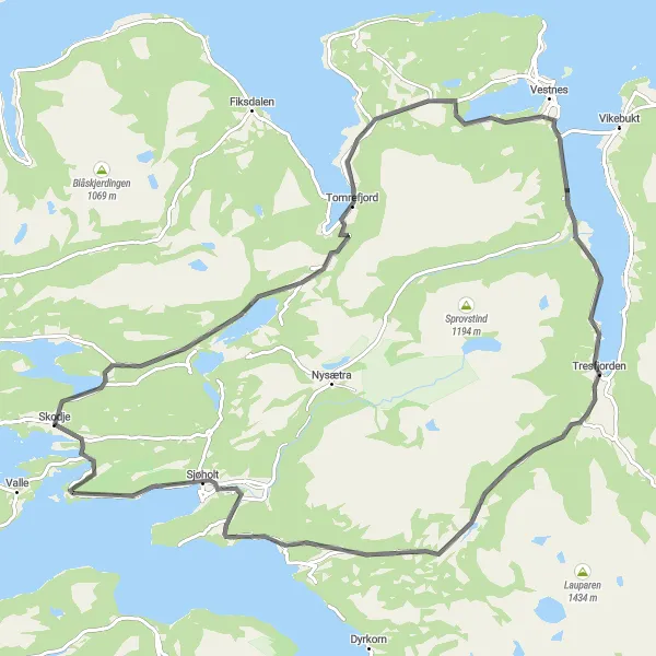 Map miniature of "Skodje to Tua to Flatevågen to Vestnes to Tresfjorden to Sjøholt to Skodje" cycling inspiration in Vestlandet, Norway. Generated by Tarmacs.app cycling route planner
