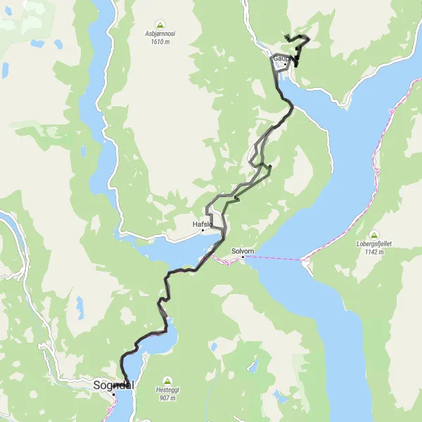 Map miniature of "Sogndal to Årøy Road Cycling Route" cycling inspiration in Vestlandet, Norway. Generated by Tarmacs.app cycling route planner