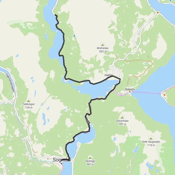 Map miniature of "Sogndal to Årøy Scenic Road Cycling Route" cycling inspiration in Vestlandet, Norway. Generated by Tarmacs.app cycling route planner