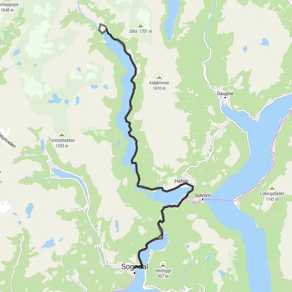 Map miniature of "Sogndal-Hafslo-Årøy Circular Route" cycling inspiration in Vestlandet, Norway. Generated by Tarmacs.app cycling route planner