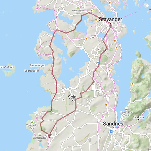 Map miniature of "Ullandhaug Adventure" cycling inspiration in Vestlandet, Norway. Generated by Tarmacs.app cycling route planner