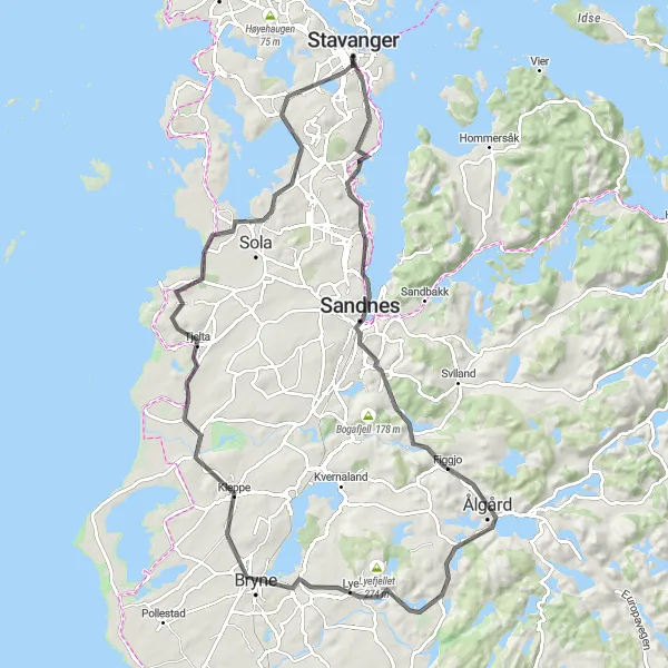 Kartminiatyr av "Rundtur fra Stavanger til Ålgård og tilbake" sykkelinspirasjon i Vestlandet, Norway. Generert av Tarmacs.app sykkelrutoplanlegger