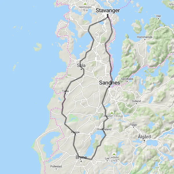 Kartminiatyr av "Sandnes til Stavanger Loop" sykkelinspirasjon i Vestlandet, Norway. Generert av Tarmacs.app sykkelrutoplanlegger