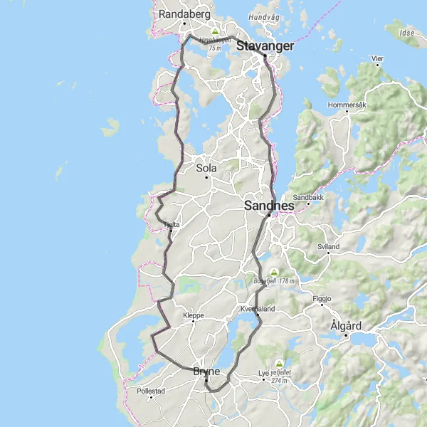 Kartminiatyr av "Utforsk Sandnes og Bryne på to hjul" sykkelinspirasjon i Vestlandet, Norway. Generert av Tarmacs.app sykkelrutoplanlegger