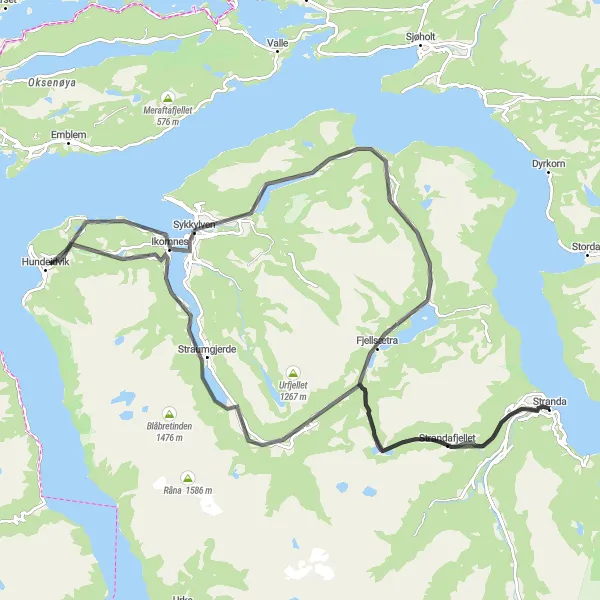 Map miniature of "Mountain Majesty: Stranda to Sykkylven Loop" cycling inspiration in Vestlandet, Norway. Generated by Tarmacs.app cycling route planner