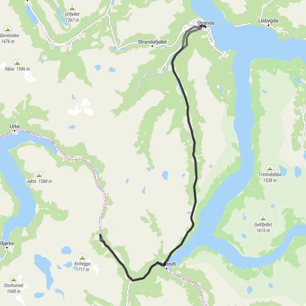 Map miniature of "Stranda to Sætrenibba Loop" cycling inspiration in Vestlandet, Norway. Generated by Tarmacs.app cycling route planner