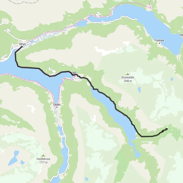 Map miniature of "Stryn to Loen" cycling inspiration in Vestlandet, Norway. Generated by Tarmacs.app cycling route planner