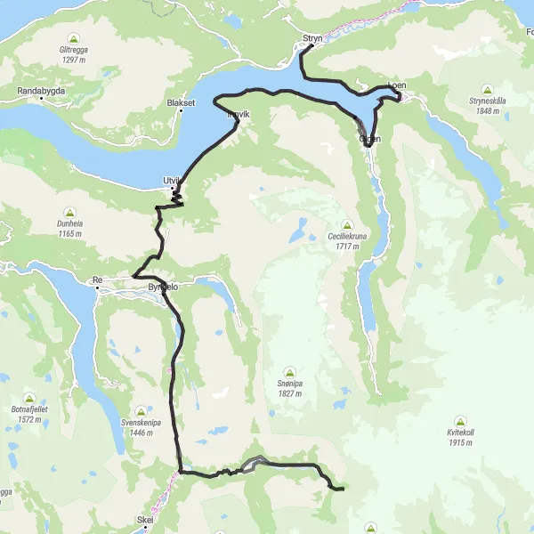 Map miniature of "Stryn to Olden" cycling inspiration in Vestlandet, Norway. Generated by Tarmacs.app cycling route planner