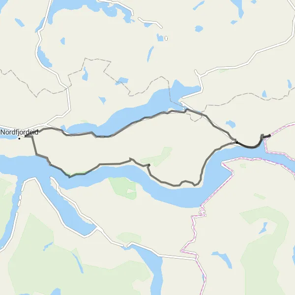 Map miniature of "Snow-Covered Peaks Road" cycling inspiration in Vestlandet, Norway. Generated by Tarmacs.app cycling route planner