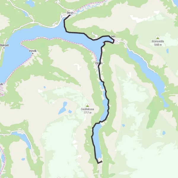 Kartminiatyr av "Stryn rundtur via Laukifossen til Olden til Loen - Eventyr langs Nordfjorden" sykkelinspirasjon i Vestlandet, Norway. Generert av Tarmacs.app sykkelrutoplanlegger