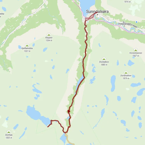 Kartminiatyr av "Grusveien til Jettegryte fra Sunndalsøra" sykkelinspirasjon i Vestlandet, Norway. Generert av Tarmacs.app sykkelrutoplanlegger