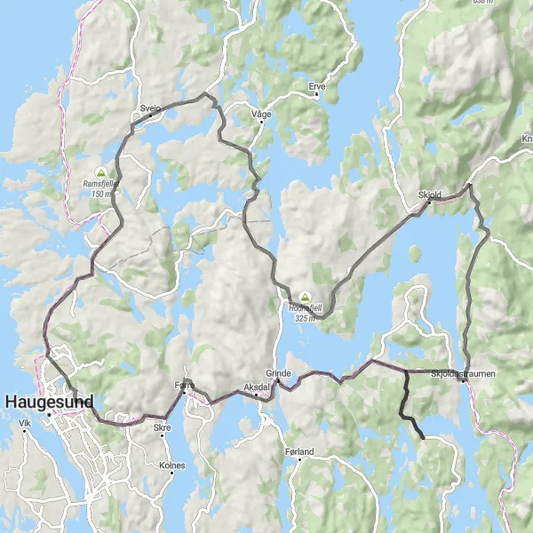 Map miniature of "Sveio to Mosskardsfjellet Loop" cycling inspiration in Vestlandet, Norway. Generated by Tarmacs.app cycling route planner