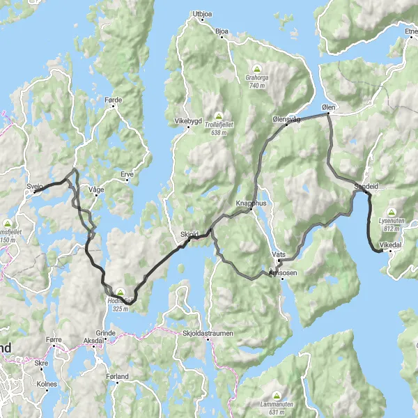 Map miniature of "Sveio to Hodnafjell Loop" cycling inspiration in Vestlandet, Norway. Generated by Tarmacs.app cycling route planner