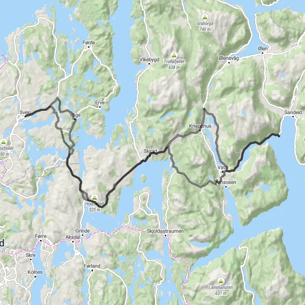 Map miniature of "Sveio and Krakkanuten Cycling Route" cycling inspiration in Vestlandet, Norway. Generated by Tarmacs.app cycling route planner