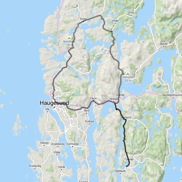 Kartminiatyr av "Oppdag Tysvær og Mosskardsfjellet fra Sveio" sykkelinspirasjon i Vestlandet, Norway. Generert av Tarmacs.app sykkelrutoplanlegger