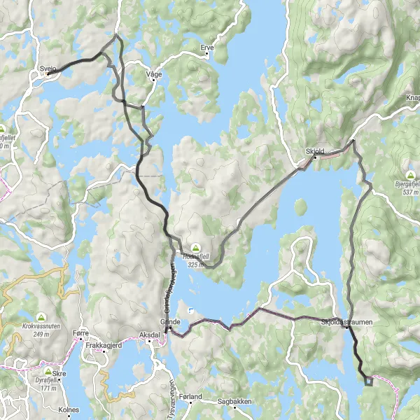 Kartminiatyr av "Historisk opplevelse fra Sveio til Fjon via Hodnafjell og Skjoldastraumen" sykkelinspirasjon i Vestlandet, Norway. Generert av Tarmacs.app sykkelrutoplanlegger