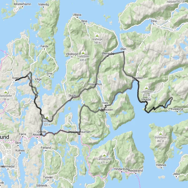 Map miniature of "Sveio and Sandeid Cycling Route" cycling inspiration in Vestlandet, Norway. Generated by Tarmacs.app cycling route planner