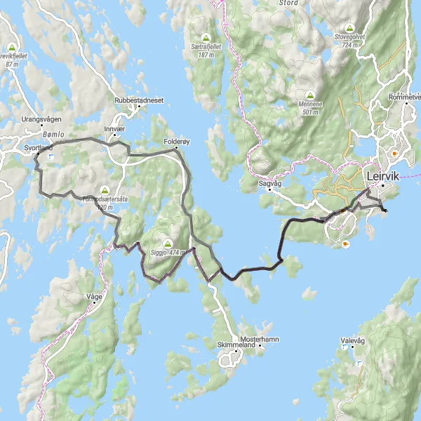 Map miniature of "Svortland to Røksund Loop" cycling inspiration in Vestlandet, Norway. Generated by Tarmacs.app cycling route planner