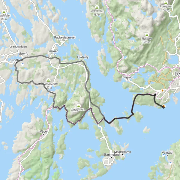 Kartminiatyr av "Bratte bakker og spektakulær utsikt" sykkelinspirasjon i Vestlandet, Norway. Generert av Tarmacs.app sykkelrutoplanlegger